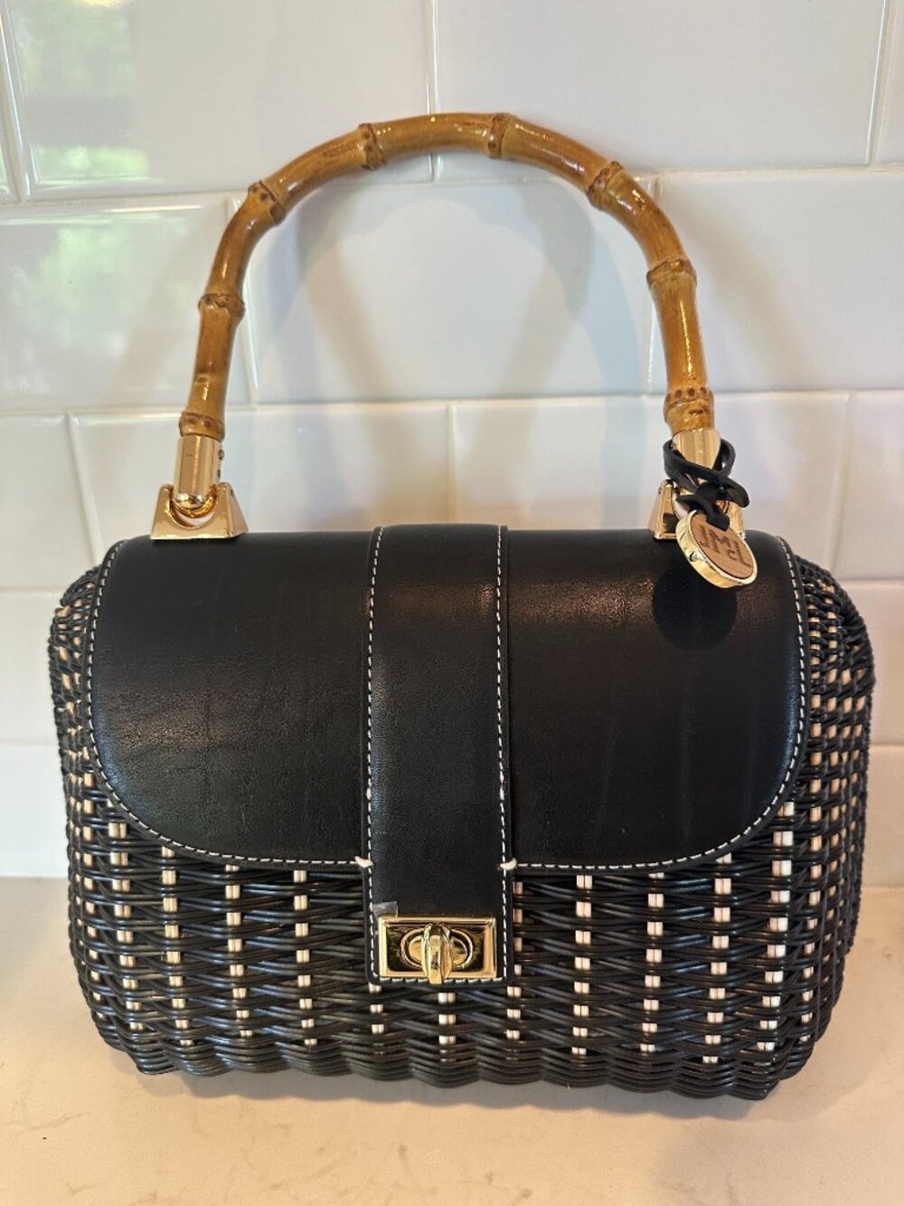 NEW J.McLaughlin Black Wicker Handbag Bamboo Handle Gold Hardware Picnic Satchel